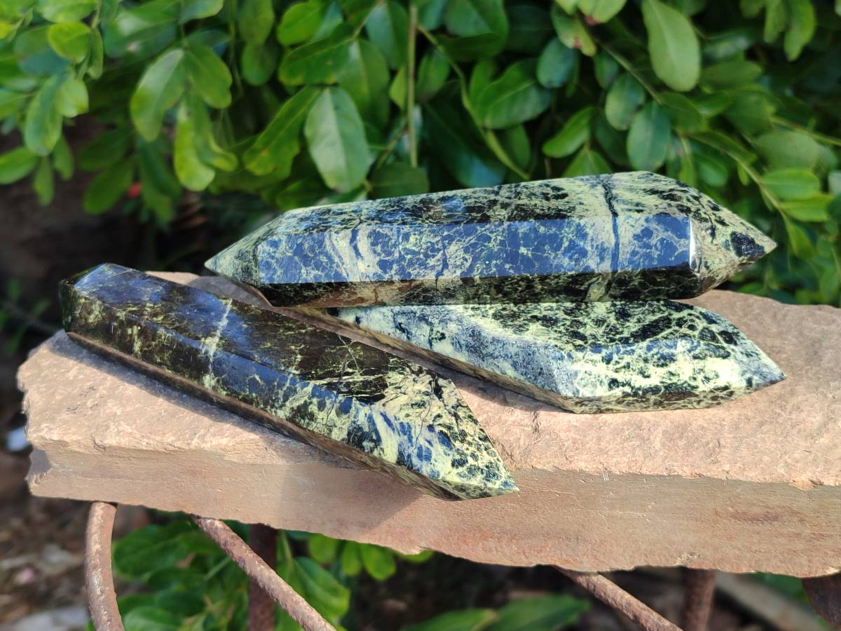 Polished Leopard Stone Double Terminated Points x 3 From Zimbabwe - Toprock Gemstones and Minerals 