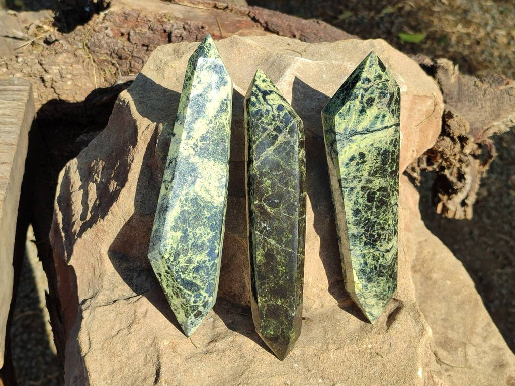 Polished Leopard Stone Double Terminated Points x 3 From Zimbabwe - Toprock Gemstones and Minerals 