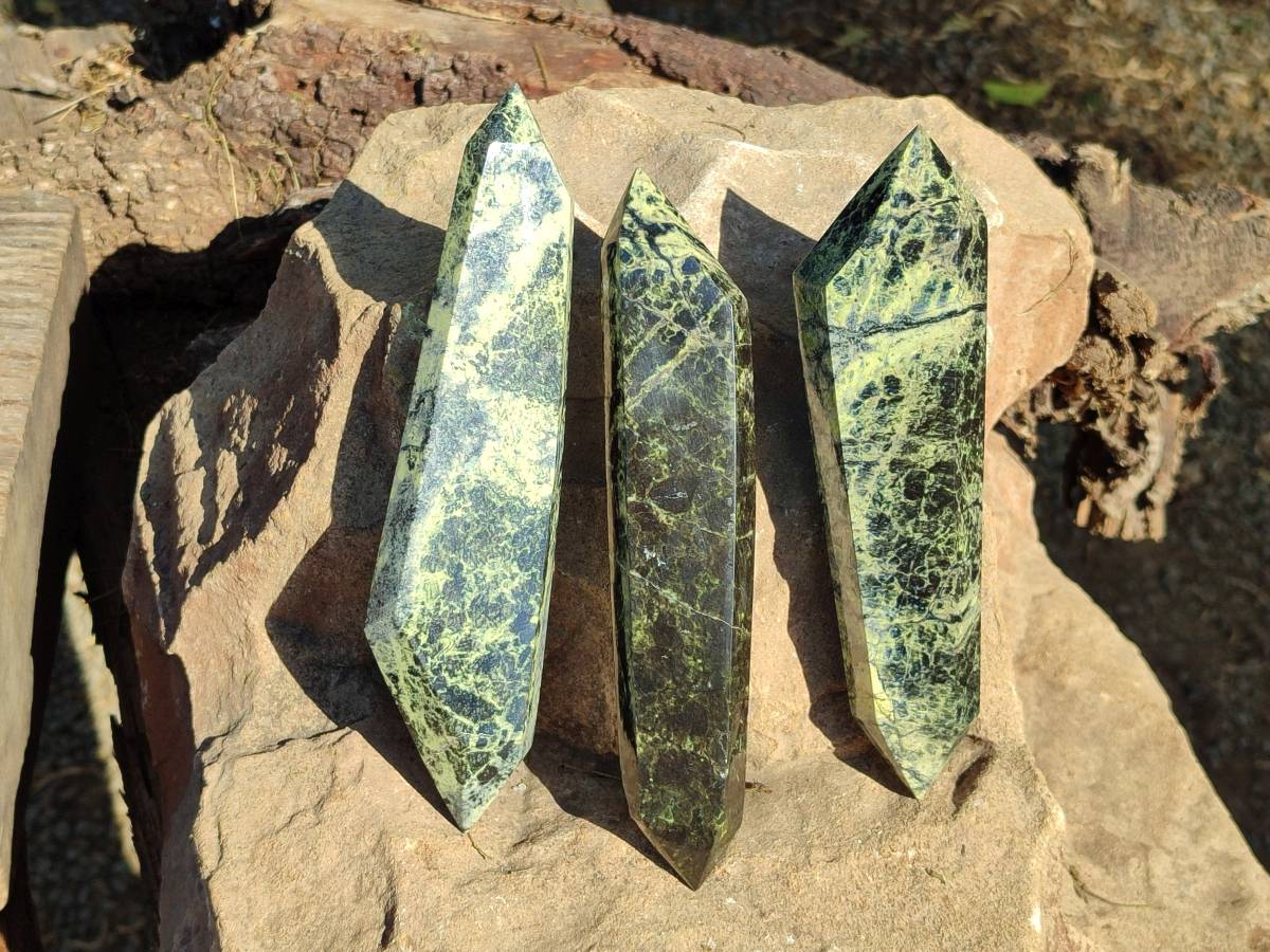 Polished Leopard Stone Double Terminated Points x 3 From Zimbabwe - Toprock Gemstones and Minerals 