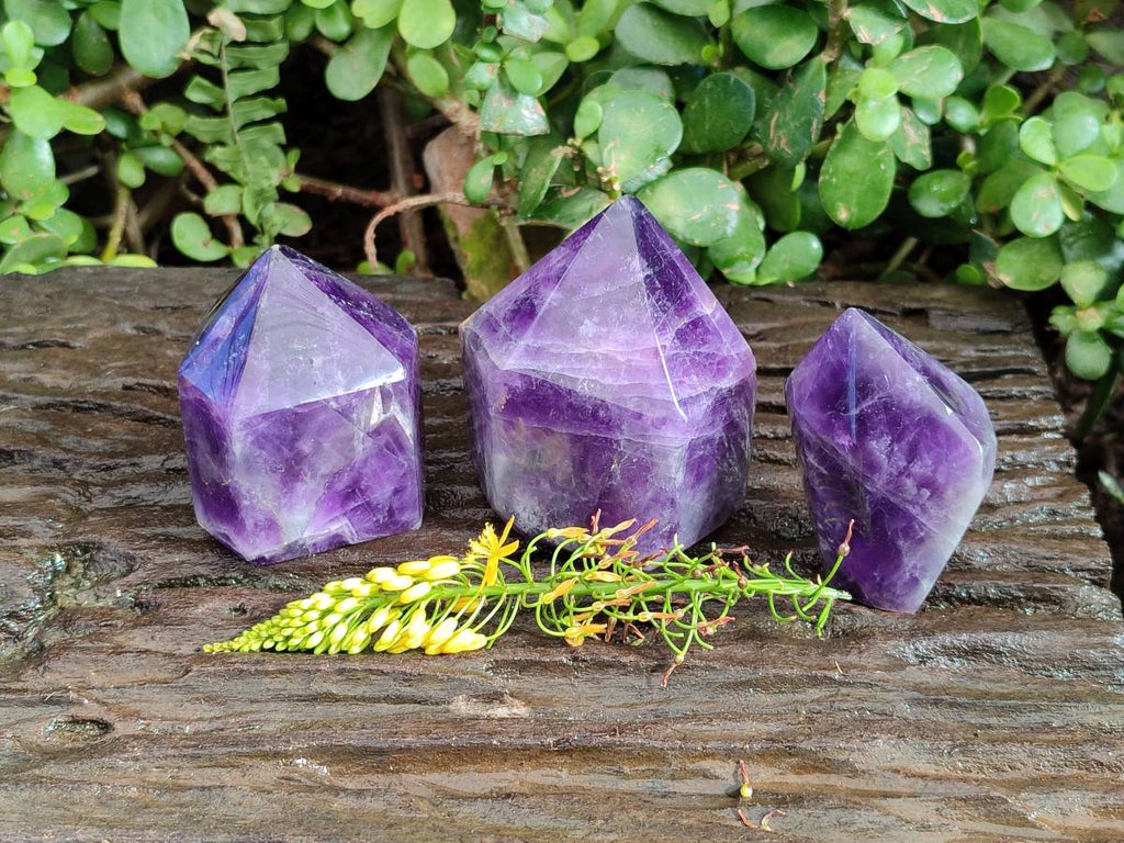 Polished Chevron Amethyst Points x 3 From Zambia - Toprock Gemstones and Minerals 