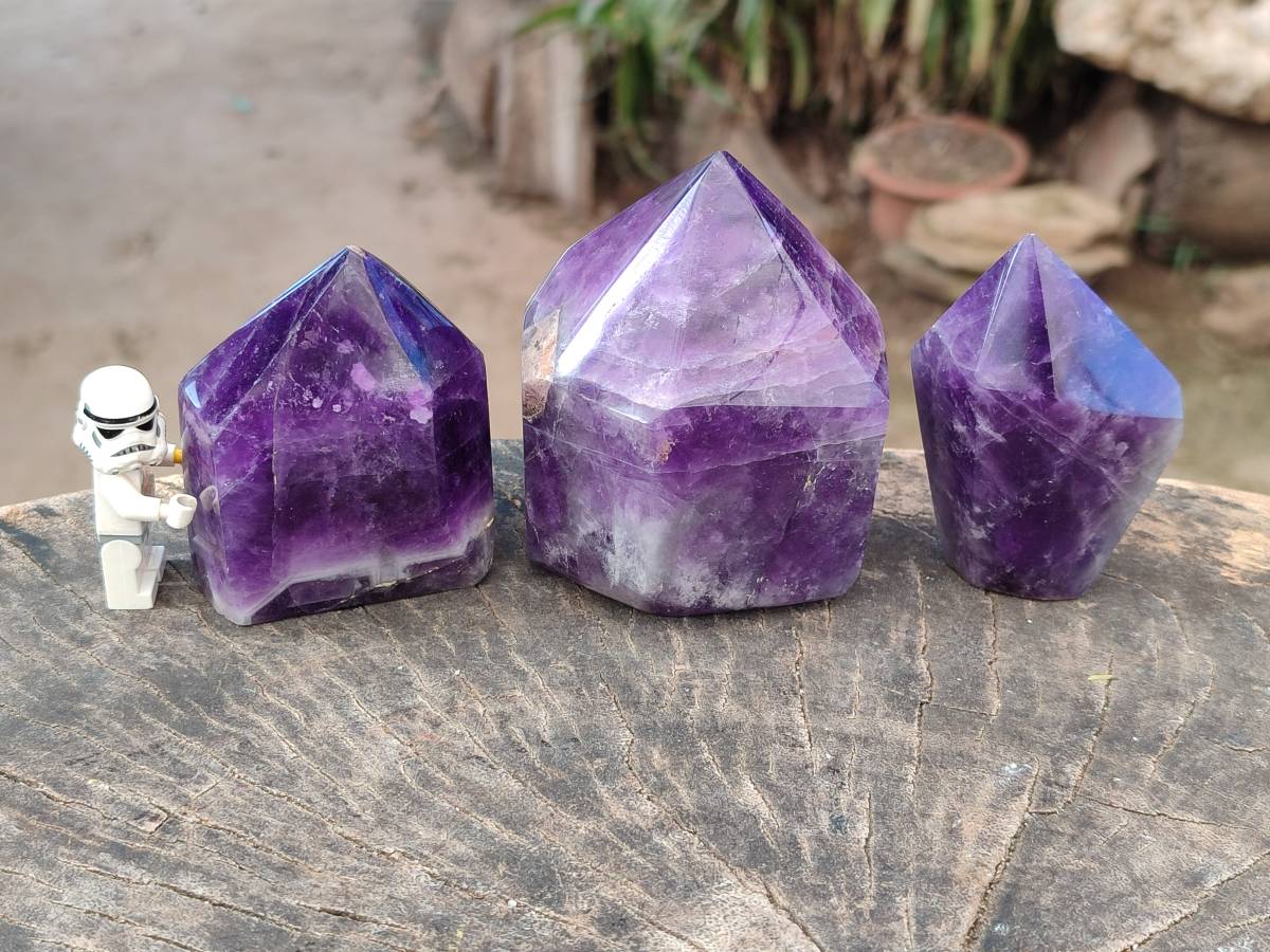 Polished Chevron Amethyst Points x 3 From Zambia - Toprock Gemstones and Minerals 