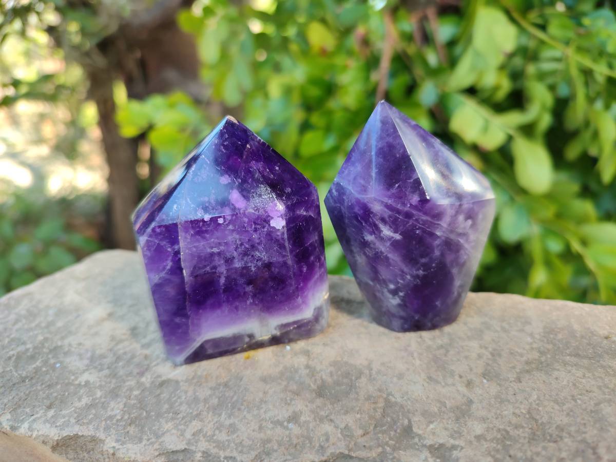 Polished Chevron Amethyst Points x 3 From Zambia - Toprock Gemstones and Minerals 