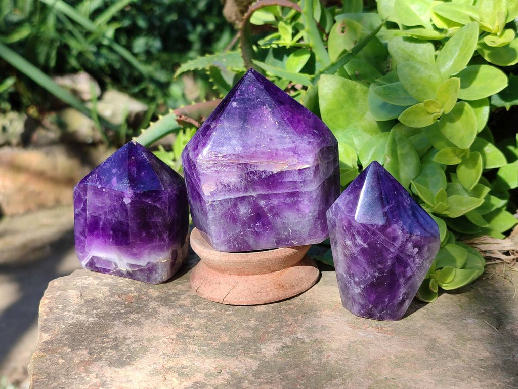 Polished Chevron Amethyst Points x 3 From Zambia - Toprock Gemstones and Minerals 