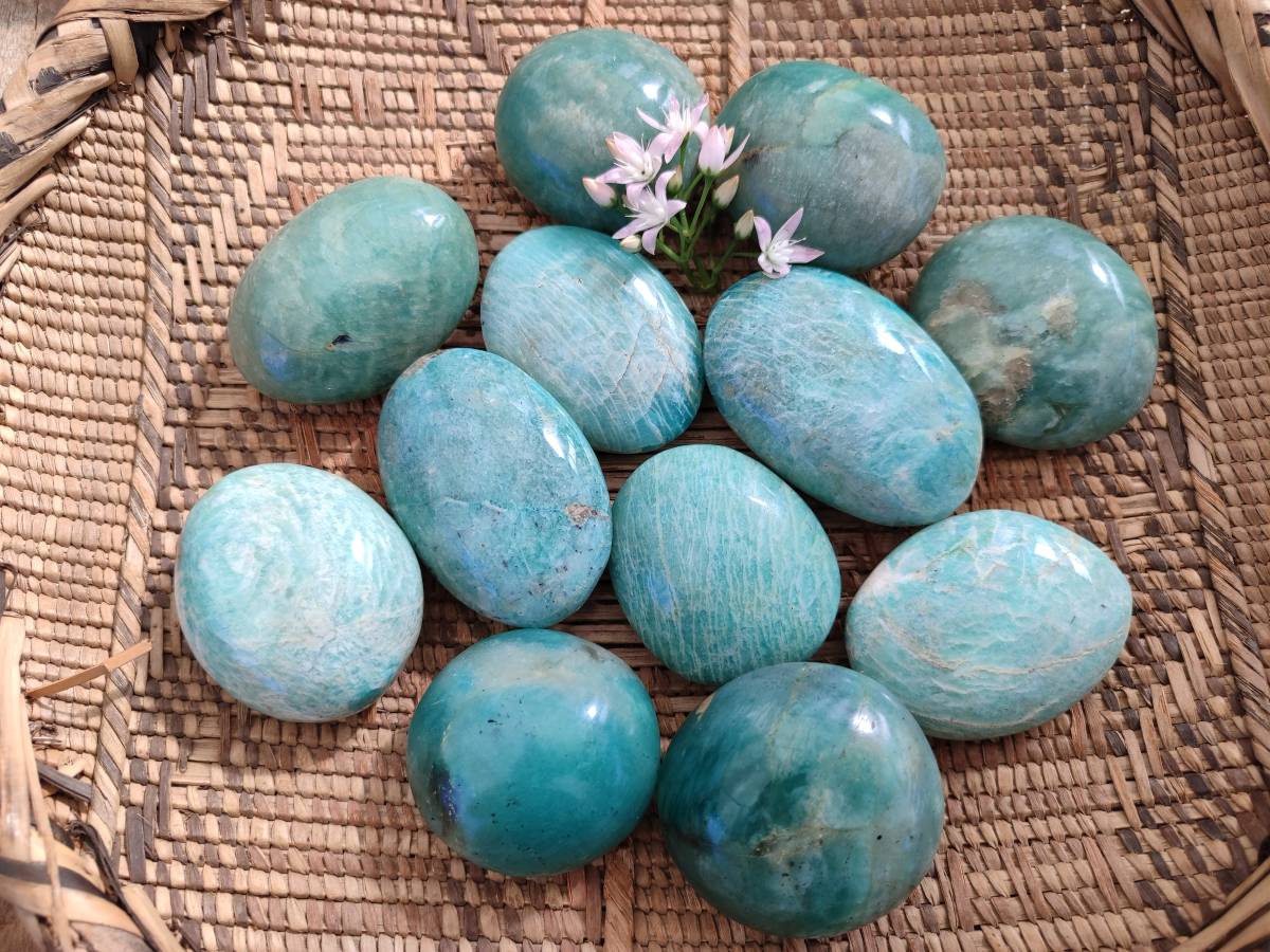 Polished Amazonite Palm Stones x 12 From Madagascar - Toprock Gemstones and Minerals 