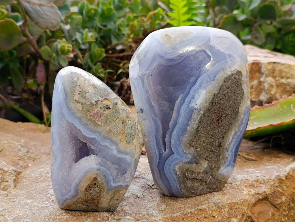 Polished Blue Lace Agate Standing Free Forms x 2 From Malawi - Toprock Gemstones and Minerals 