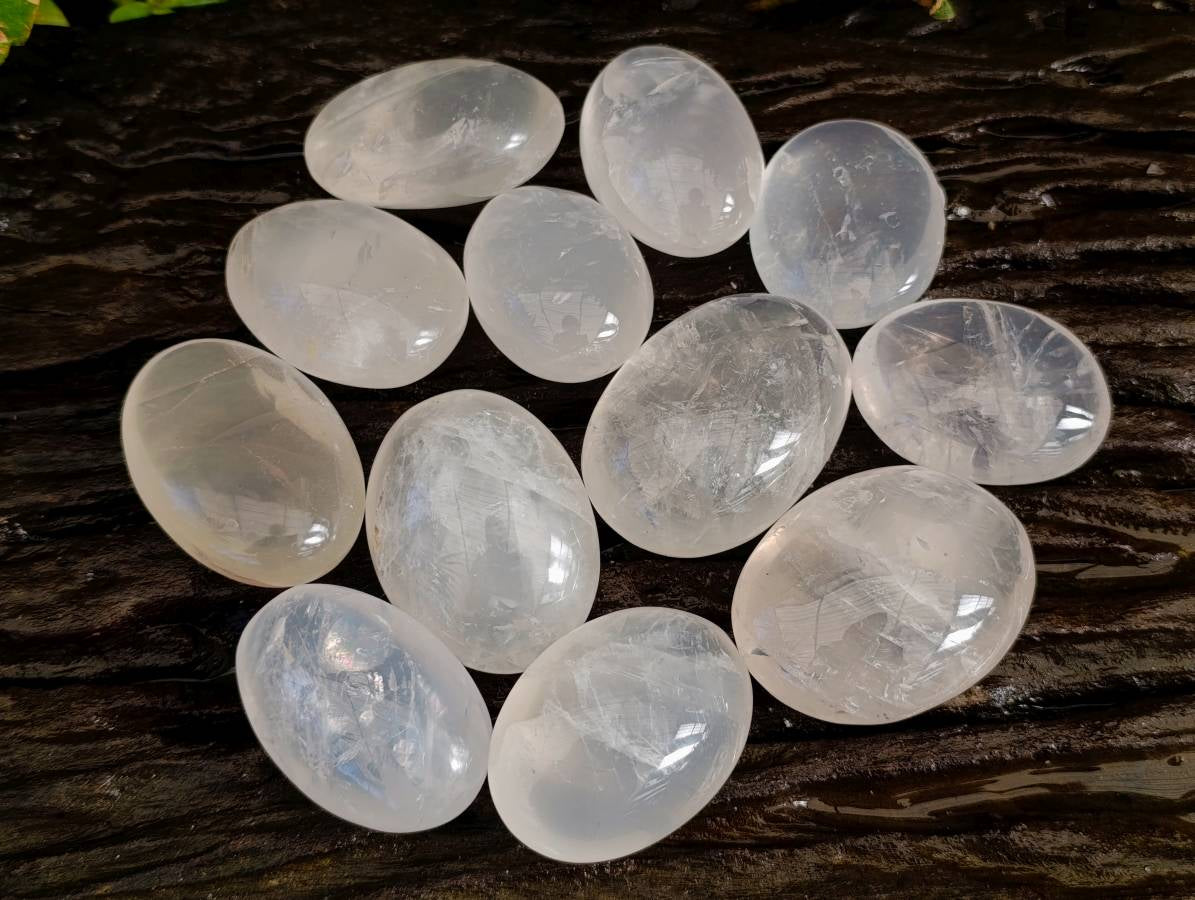 Polished Girasol Pearl Quartz Palm Stones x 12 From Ambatondrazaka, Madagascar - Toprock Gemstones and Minerals 