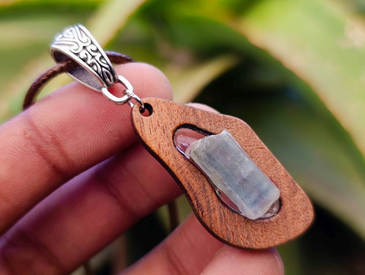 Hand Made Aquamarine Wooden Pendant - Sold Per Item - From Namibia - Toprock Gemstones and Minerals 