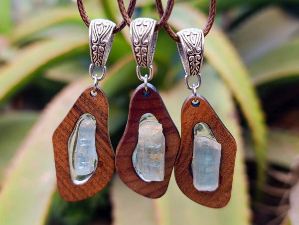 Hand Made Aquamarine Wooden Pendant - Sold Per Item - From Namibia