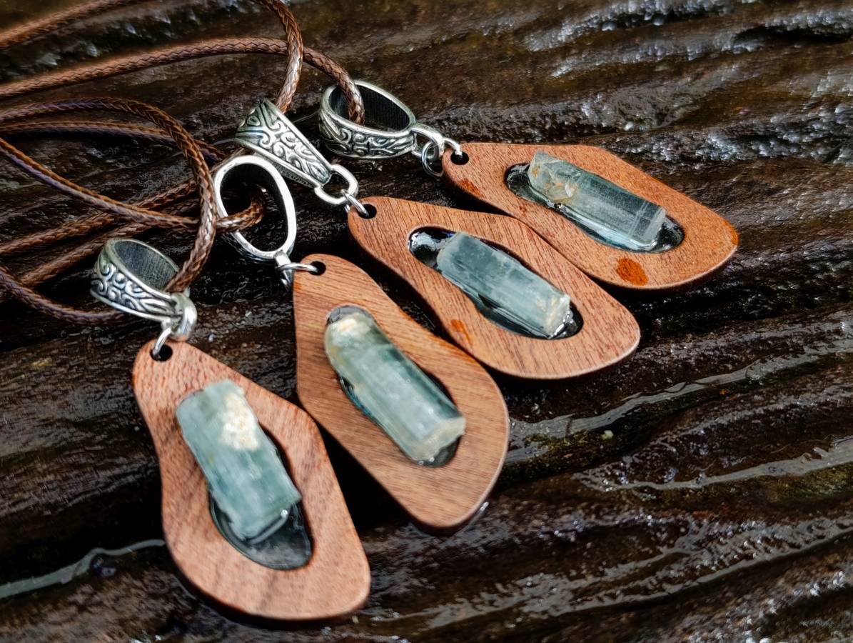 Hand Made Aquamarine Wooden Pendant - Sold Per Item - From Namibia - Toprock Gemstones and Minerals 