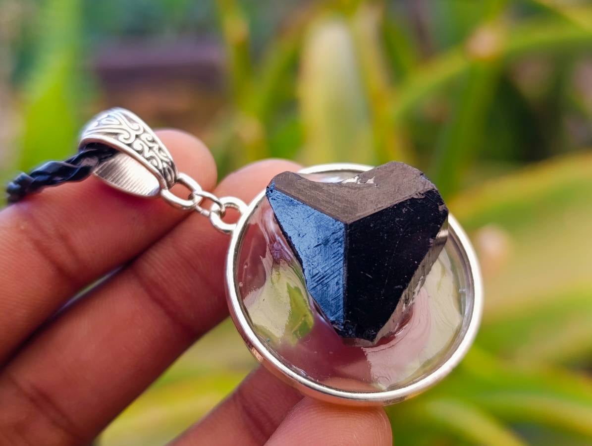 Hand Made Schorl Set In Resin & Silver Pendant - Sold Per Item - From Namibia - Toprock Gemstones and Minerals 