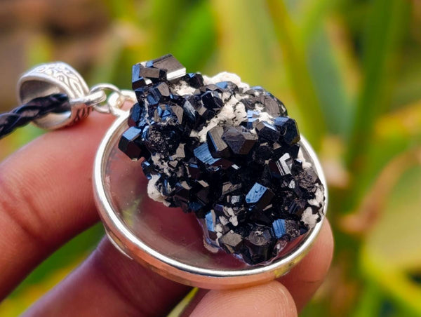 Hand Made Schorl Set In Resin & Silver Pendant - Sold Per Item - From Namibia