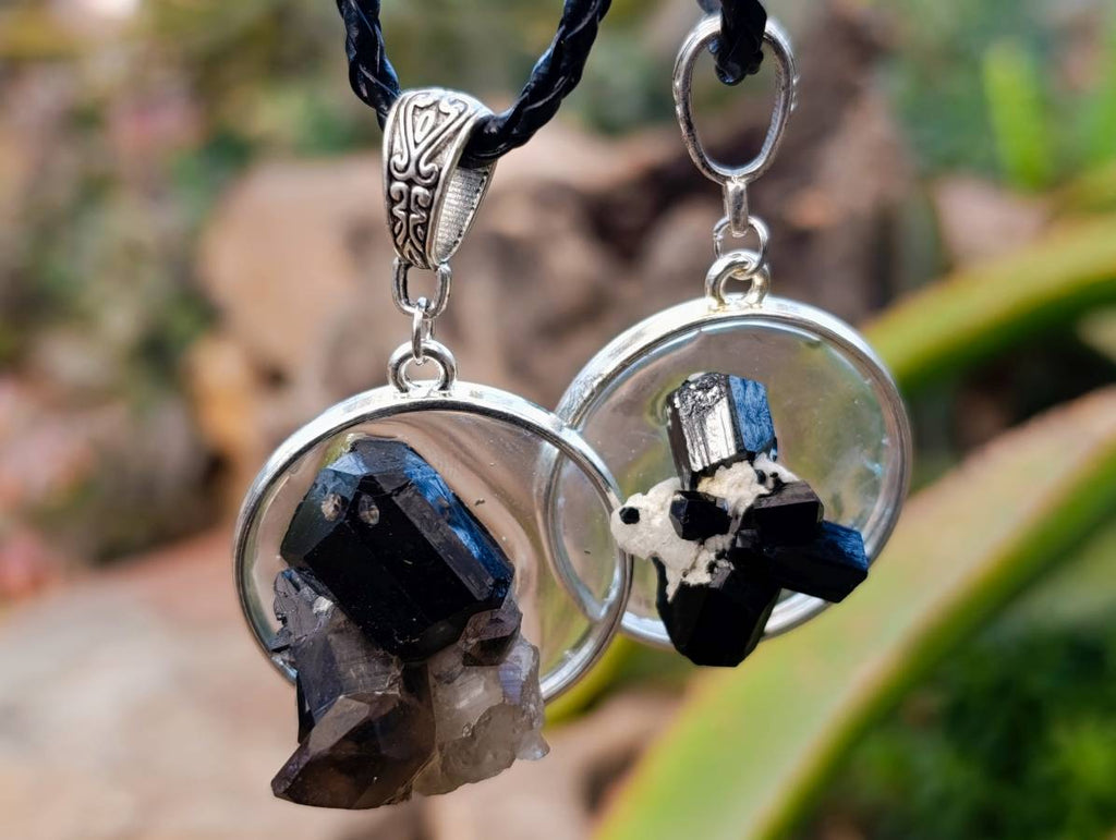 Hand Made Schorl Set In Resin & Silver Pendant - Sold Per Item - From Namibia - Toprock Gemstones and Minerals 