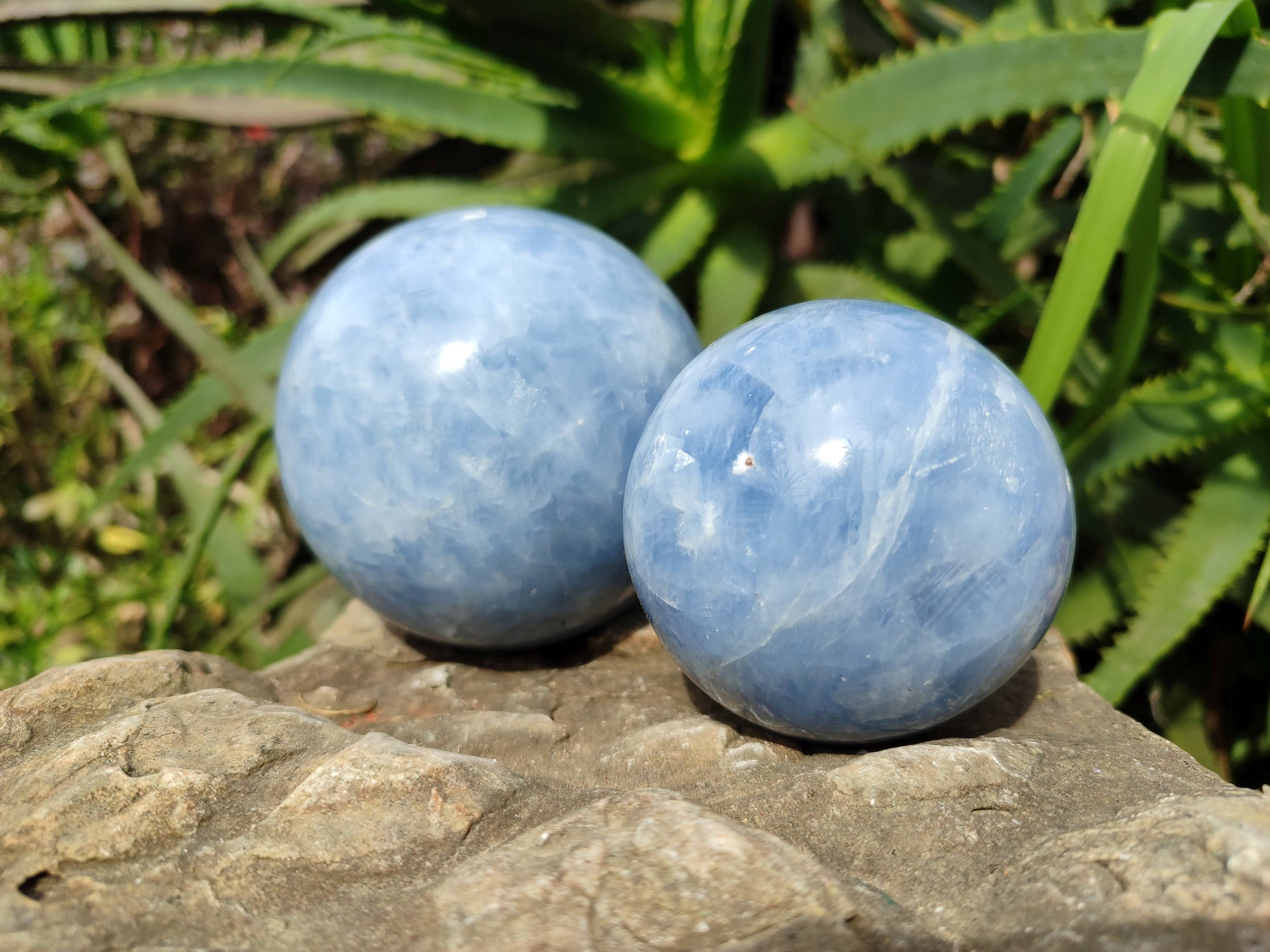 Polished Blue Calcite Spheres x 2 From Madagascar - Toprock Gemstones and Minerals 