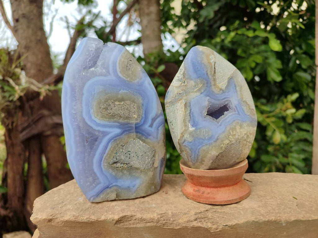 Polished Blue Lace Agate Standing Free Forms x 2 From Malawi - Toprock Gemstones and Minerals 