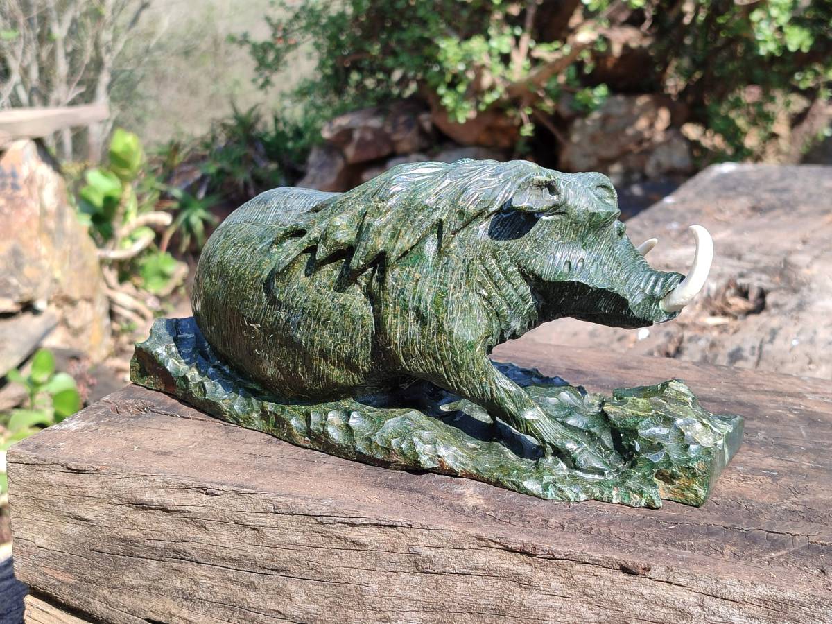 Hand Made Green Verdite Warthog Carving x 1 From Zimbabwe - Toprock Gemstones and Minerals 