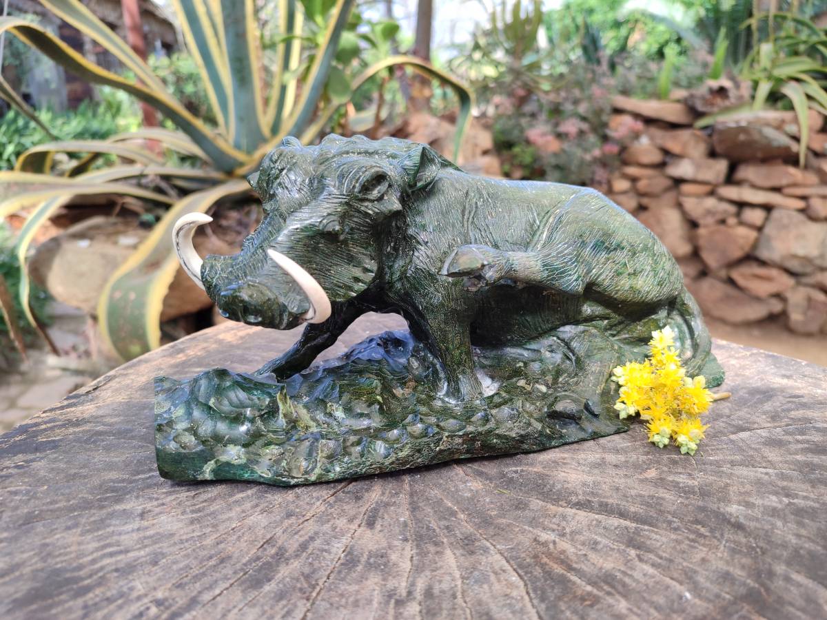 Hand Made Green Verdite Warthog Carving x 1 From Zimbabwe - Toprock Gemstones and Minerals 