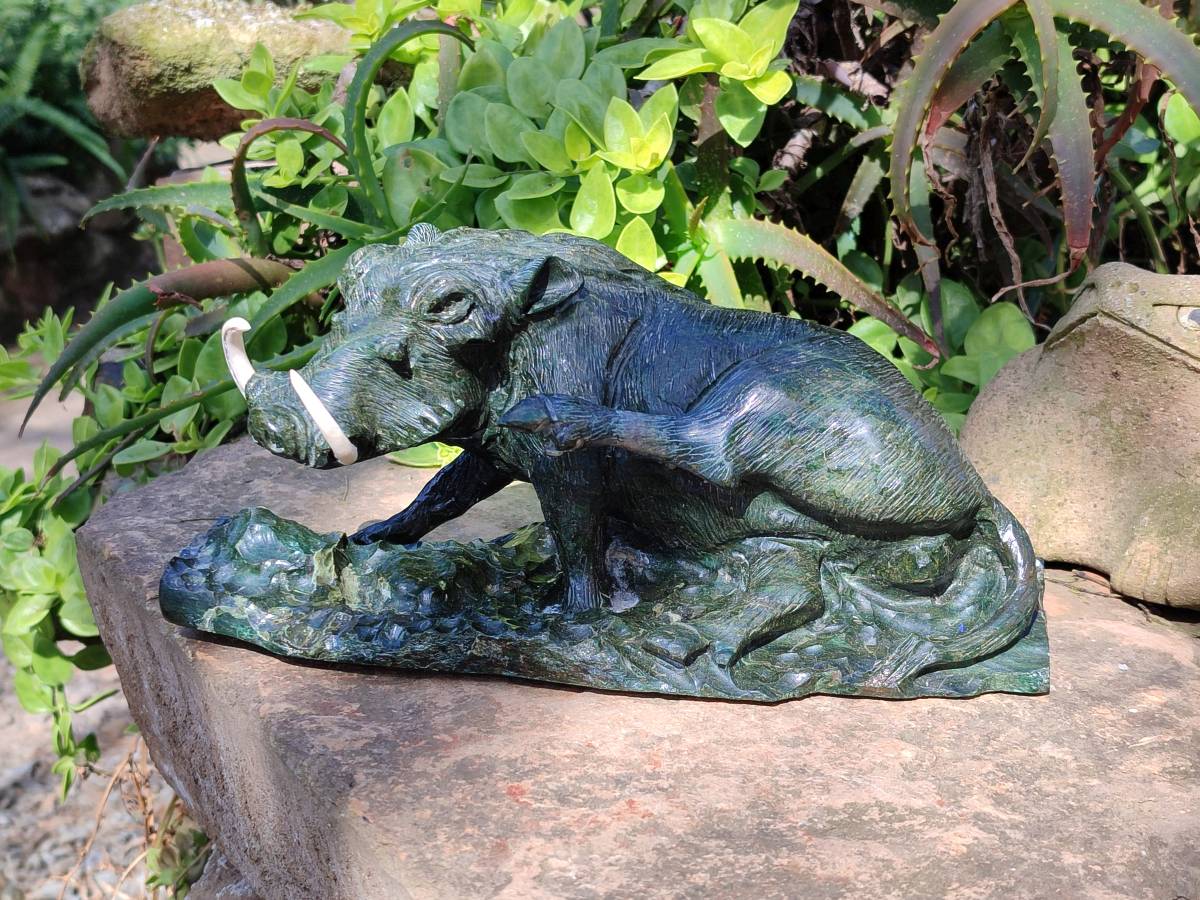 Hand Made Green Verdite Warthog Carving x 1 From Zimbabwe - Toprock Gemstones and Minerals 