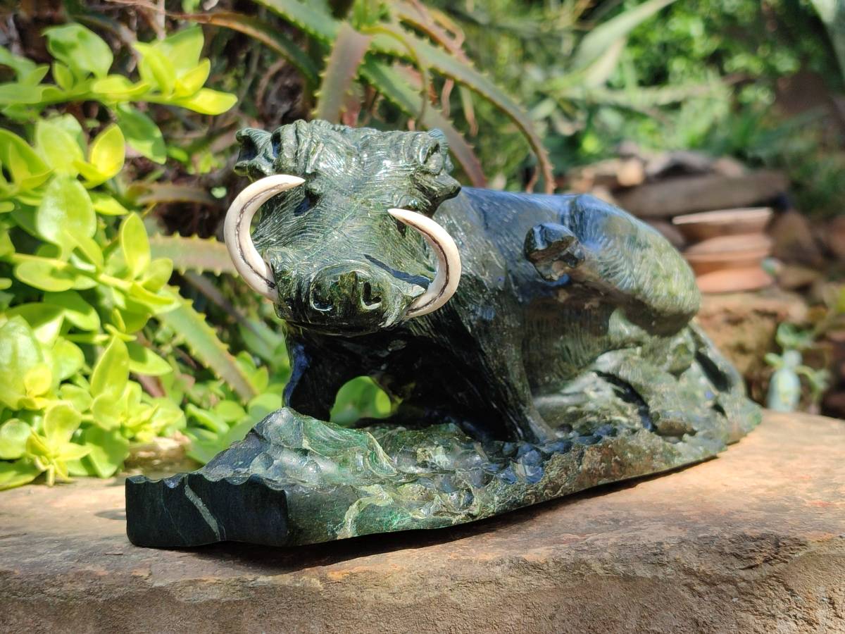 Hand Made Green Verdite Warthog Carving x 1 From Zimbabwe - Toprock Gemstones and Minerals 