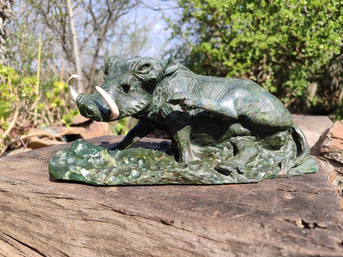 Hand Made Green Verdite Warthog Carving x 1 From Zimbabwe - Toprock Gemstones and Minerals 