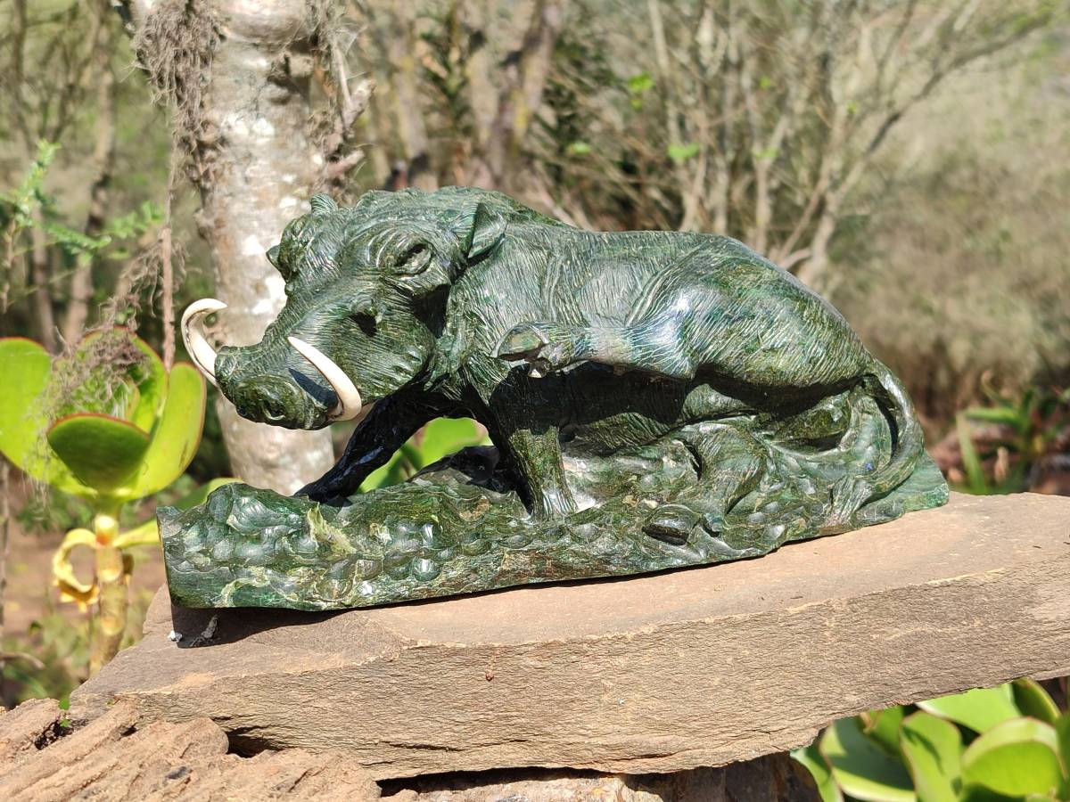 Hand Made Green Verdite Warthog Carving x 1 From Zimbabwe - Toprock Gemstones and Minerals 