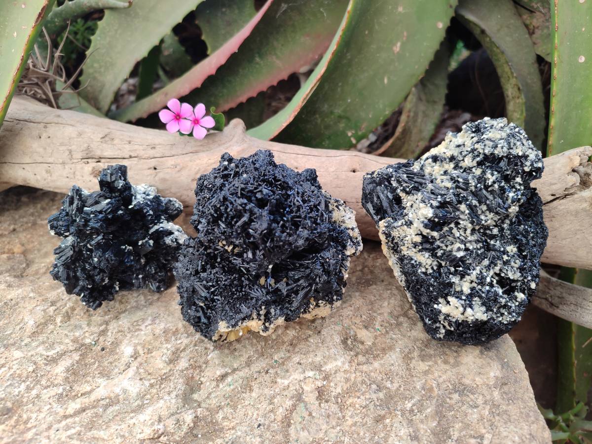 Natural Schorl Black Tourmaline Specimens x 3 From Namibia - Toprock Gemstones and Minerals 