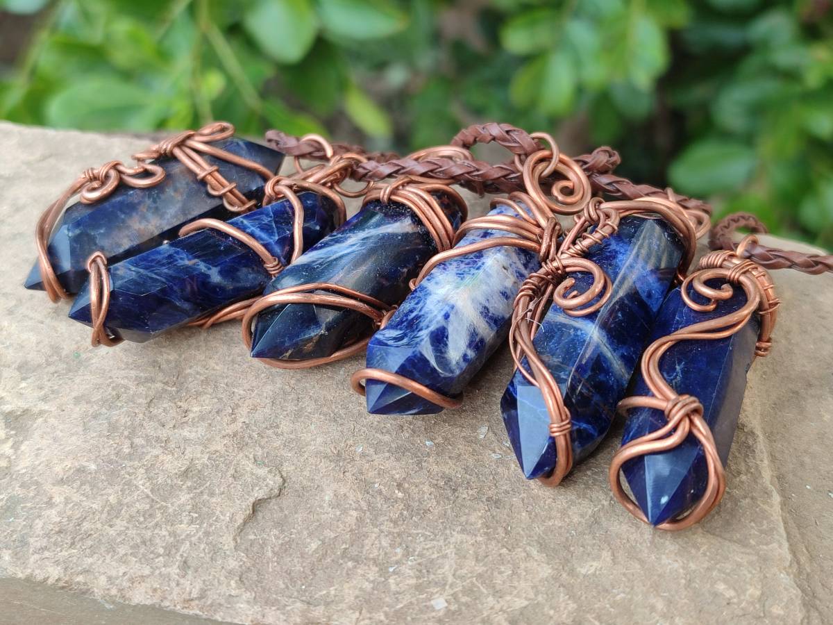 Hand Made Copper Wire Wrapped Sodalite Pendants x 6 From Namibia - Toprock Gemstones and Minerals 