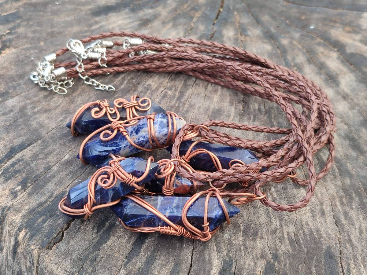 Hand Made Copper Wire Wrapped Sodalite Pendants x 6 From Namibia - Toprock Gemstones and Minerals 