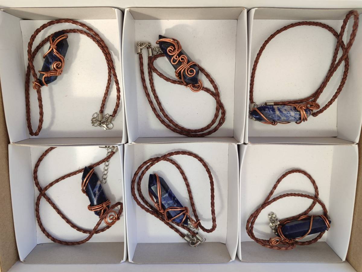 Hand Made Copper Wire Wrapped Sodalite Pendants x 6 From Namibia - Toprock Gemstones and Minerals 