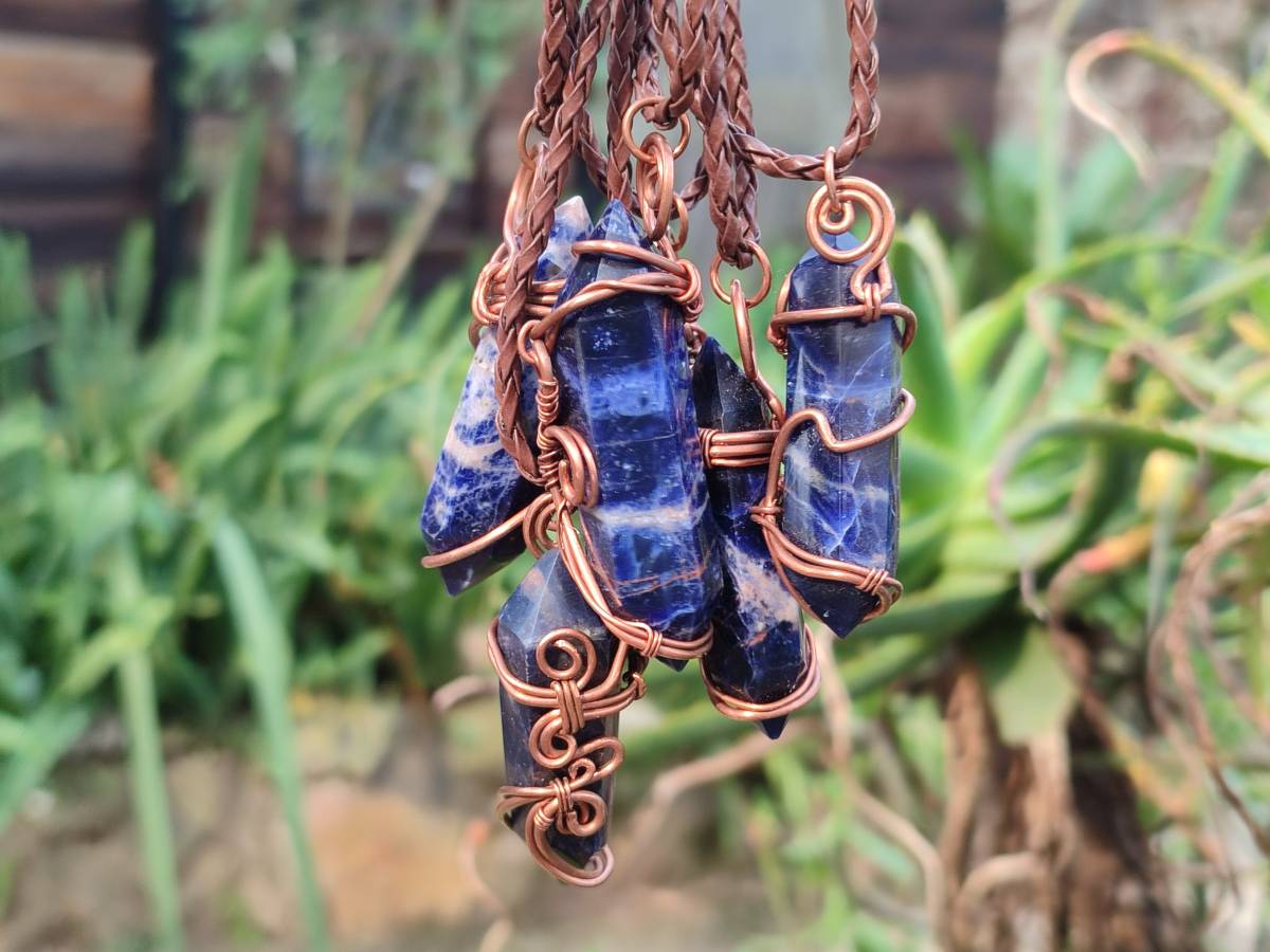 Hand Made Copper Wire Wrapped Sodalite Pendants x 6 From Namibia - Toprock Gemstones and Minerals 