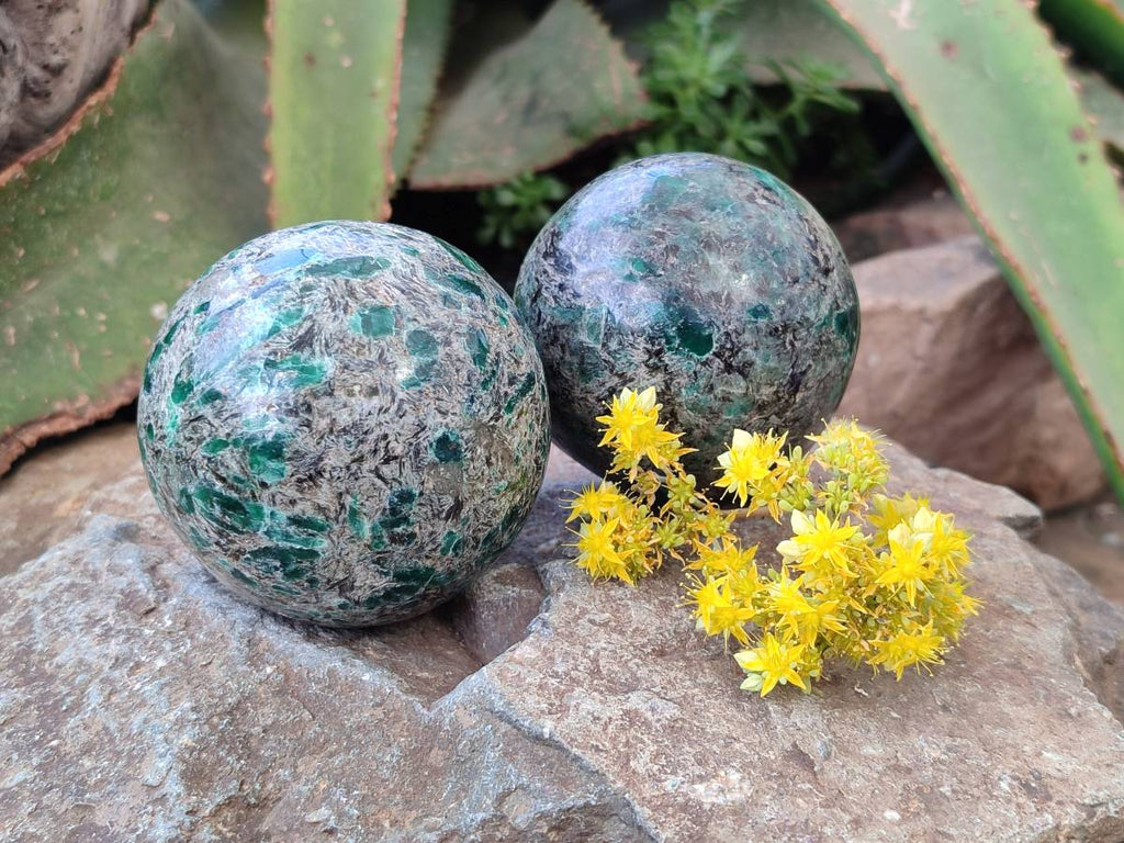 Polished Emerald Mica 'Mutokolite' Spheres x 2 From Mutoko, Zimbabwe - Toprock Gemstones and Minerals 