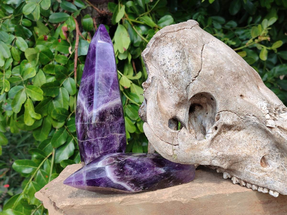 Polished Chevron Amethyst Points x 2 From Zambia - Toprock Gemstones and Minerals 