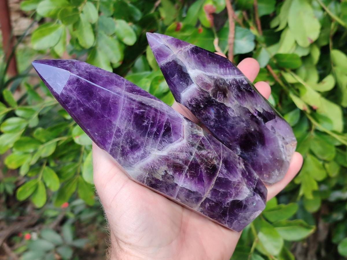 Polished Chevron Amethyst Points x 2 From Zambia - Toprock Gemstones and Minerals 
