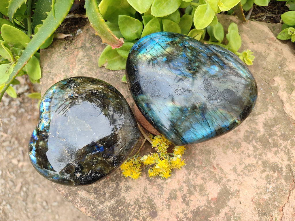 Polished Labradorite Hearts x 2 From Tulear, Madagascar - Toprock Gemstones and Minerals 