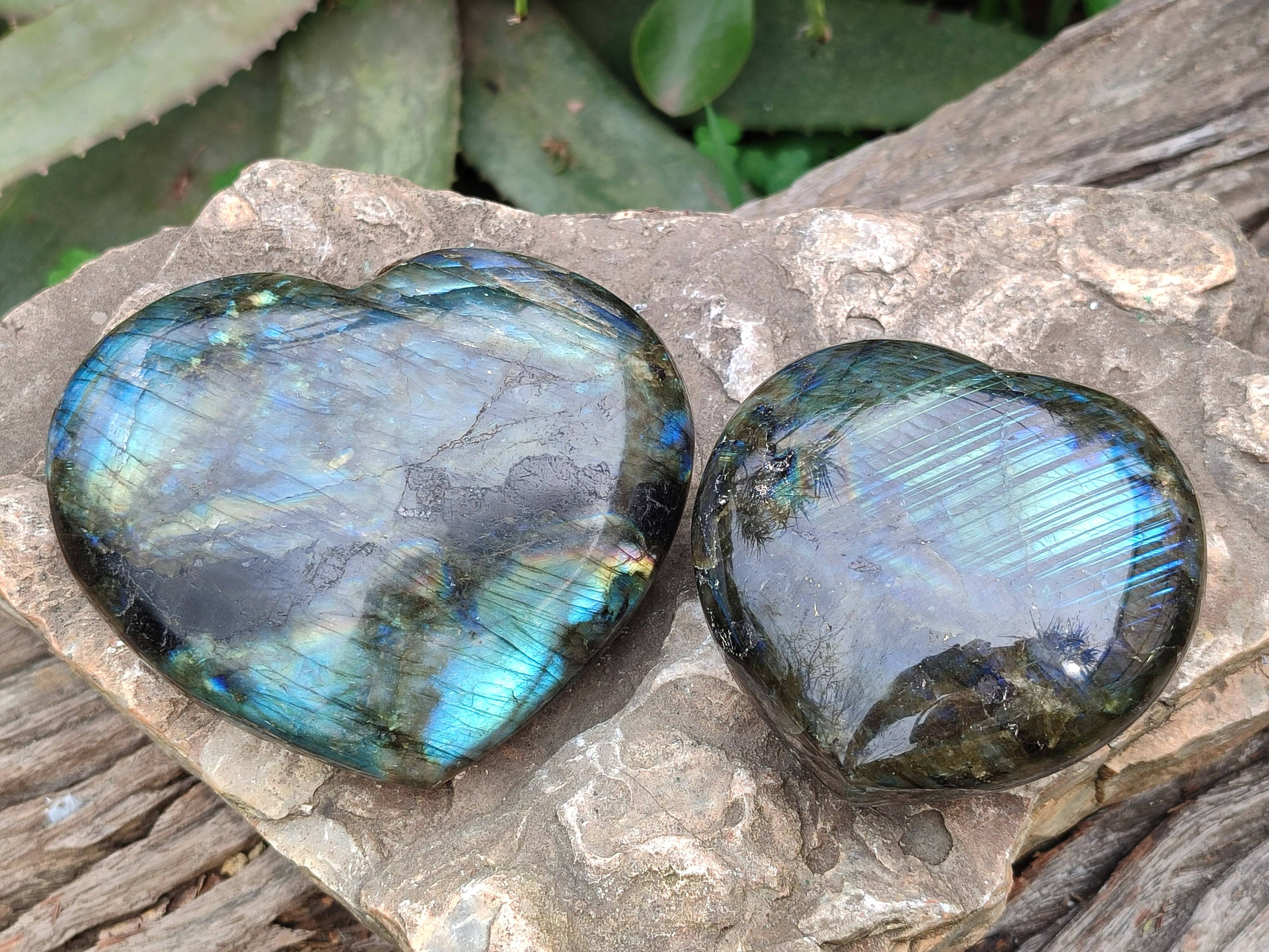 Polished Labradorite Hearts x 2 From Tulear, Madagascar - Toprock Gemstones and Minerals 