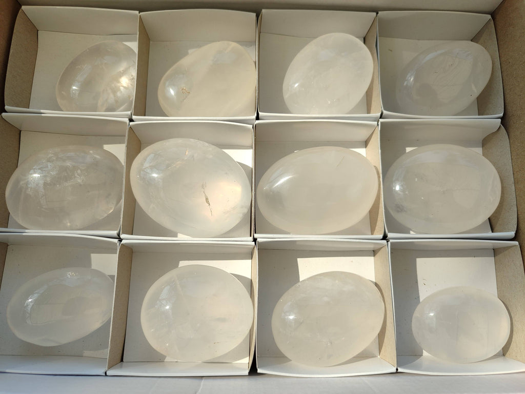 Polished Girasol Pearl Quartz Palm Stones x 12 From Ambatondrazaka, Madagascar - Toprock Gemstones and Minerals 