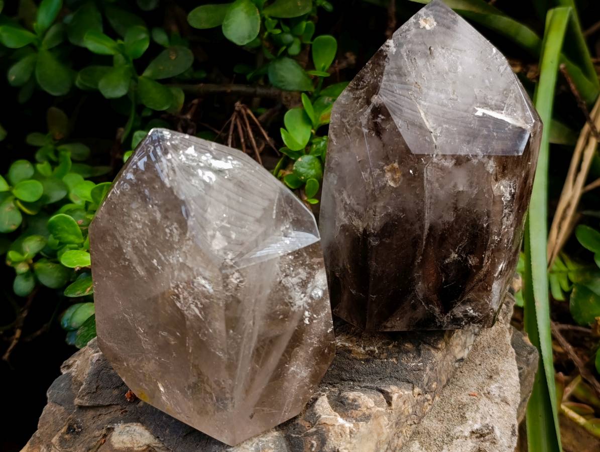 Polished Smokey and Morion Window Quartz Crystals x 2 From Madagascar - Toprock Gemstones and Minerals 