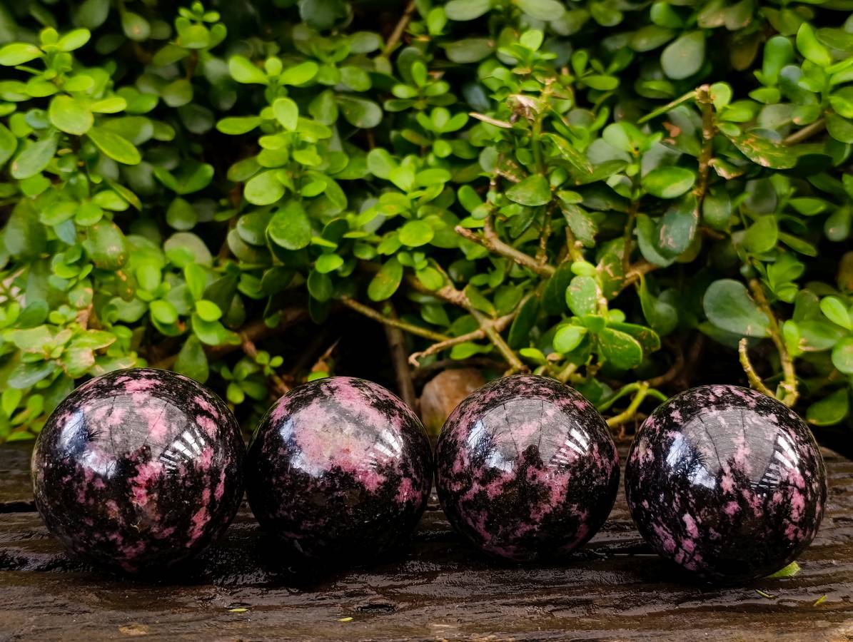 Polished Rhodonite Spheres x 4 From Ambindavato, Madagascar - Toprock Gemstones and Minerals 