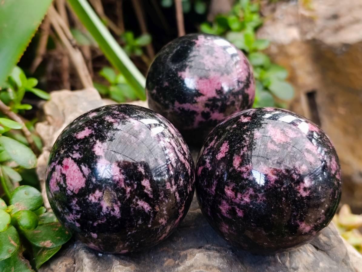 Polished Rhodonite Spheres x 4 From Ambindavato, Madagascar - Toprock Gemstones and Minerals 