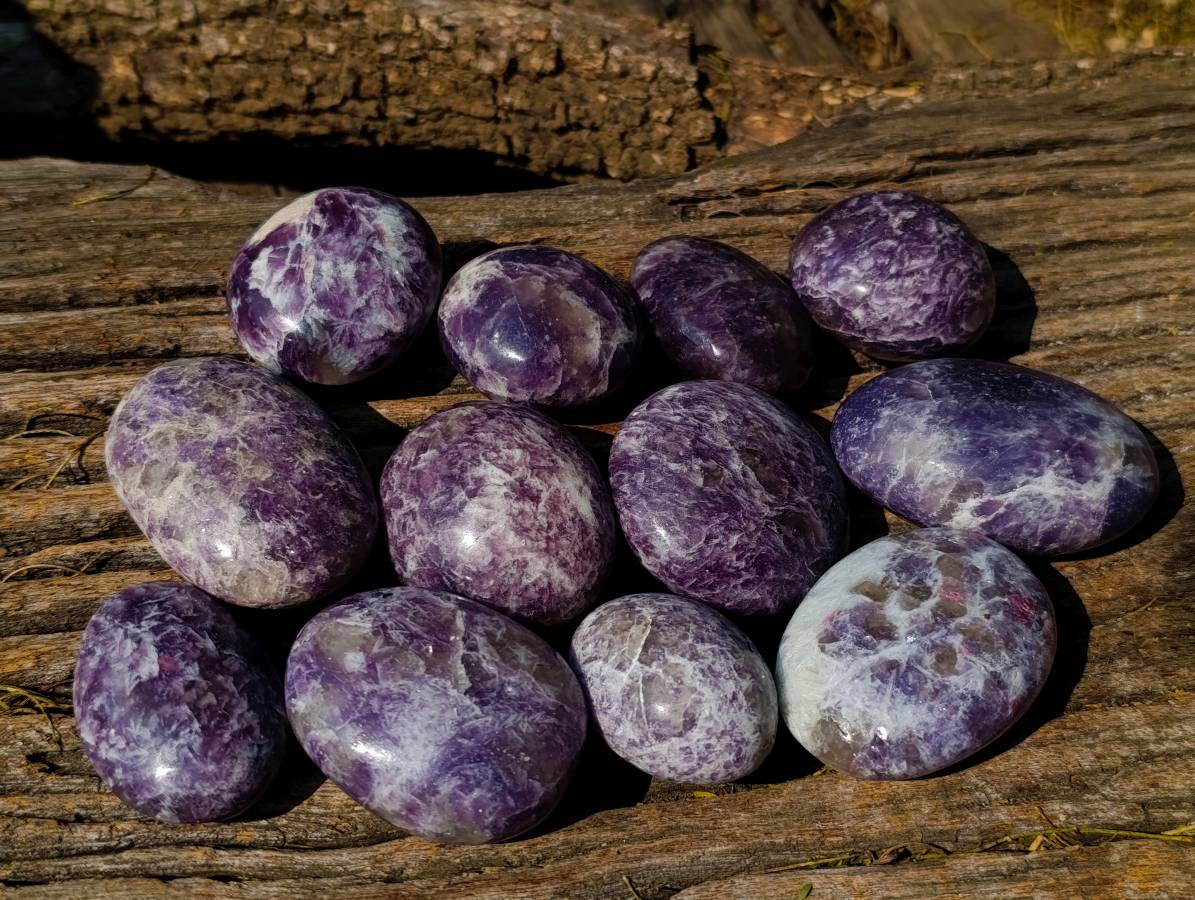 Polished Lepidolite With Pink Rubellite Palm Stones x 12 From Ambatondrazaka, Madagascar - Toprock Gemstones and Minerals 