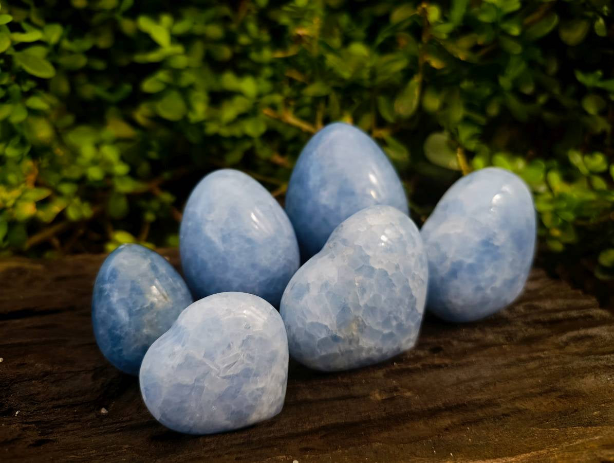Polished Blue Calcite Hearts And Eggs x 6 From Madagascar - Toprock Gemstones and Minerals 