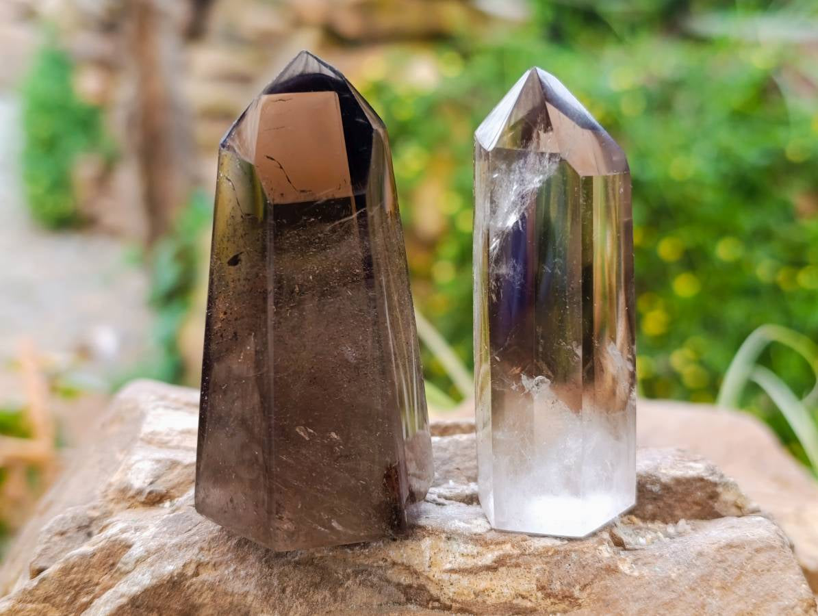 Polished Smokey  Wispy Phantom Quartz Crystals x 6 From Anzojorabe, Madagascar - Toprock Gemstones and Minerals 