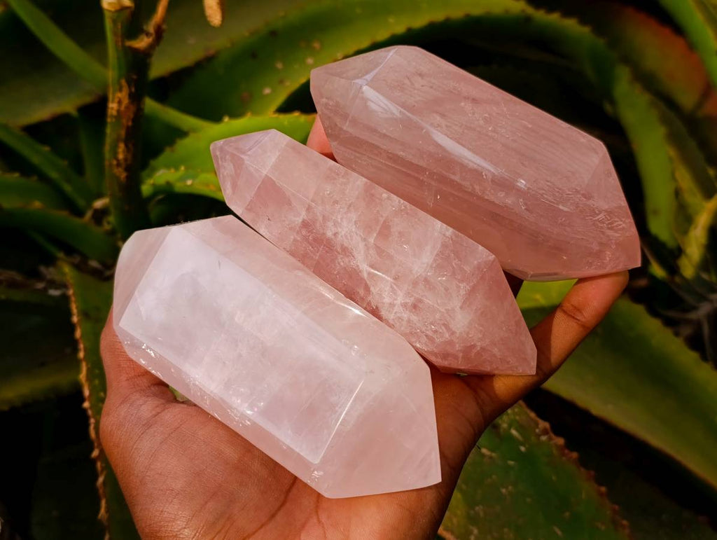 Polished Rose Quartz Double Terminated Points x 3 From Madagascar - Toprock Gemstones and Minerals 