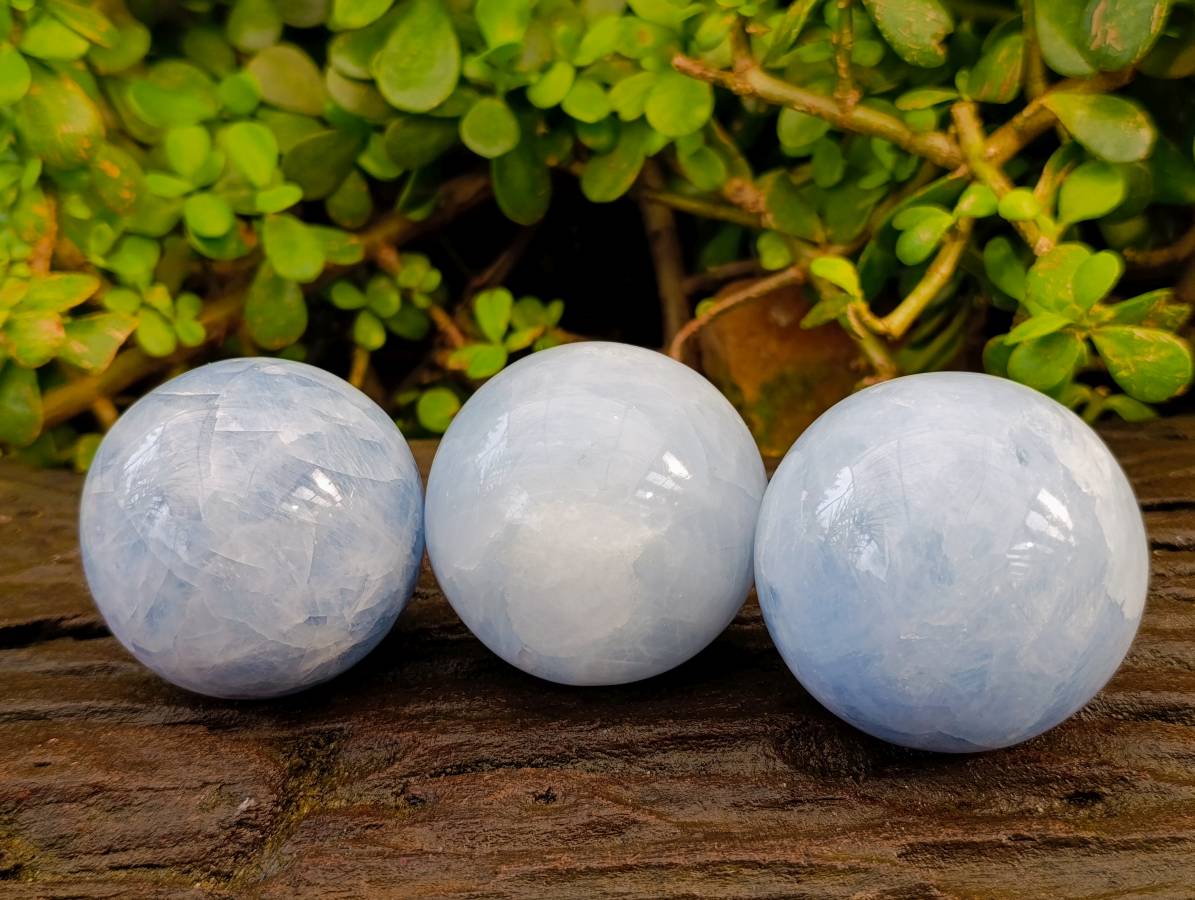 Polished Blue Calcite Spheres x 3 From Madagascar - Toprock Gemstones and Minerals 
