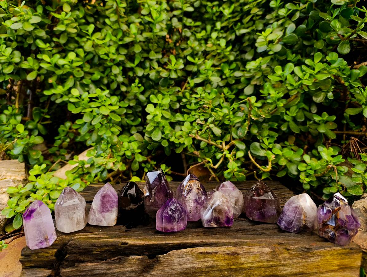 Polished Smokey Window Amethyst Quartz Crystals x 12 From Akansobe, Madagascar - Toprock Gemstones and Minerals 