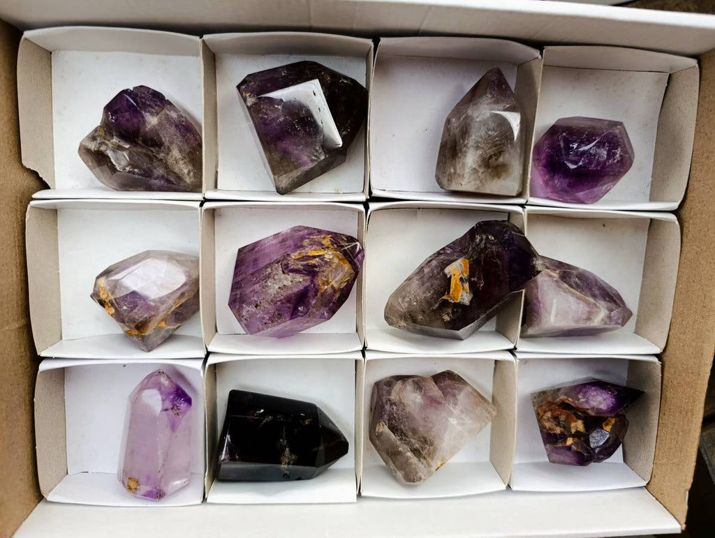 Polished Smokey Window Amethyst Quartz Crystals x 12 From Akansobe, Madagascar - Toprock Gemstones and Minerals 