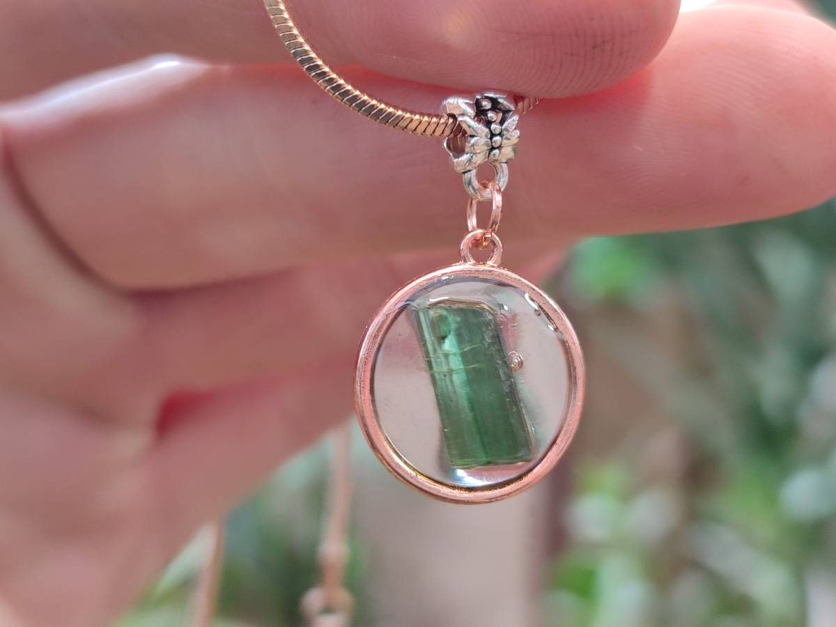 Hand Made Green Tourmaline MIni Gem Crystal  in Rose Gold Round Pendant - Sold Per Item - From Nigeria - Toprock Gemstones and Minerals 