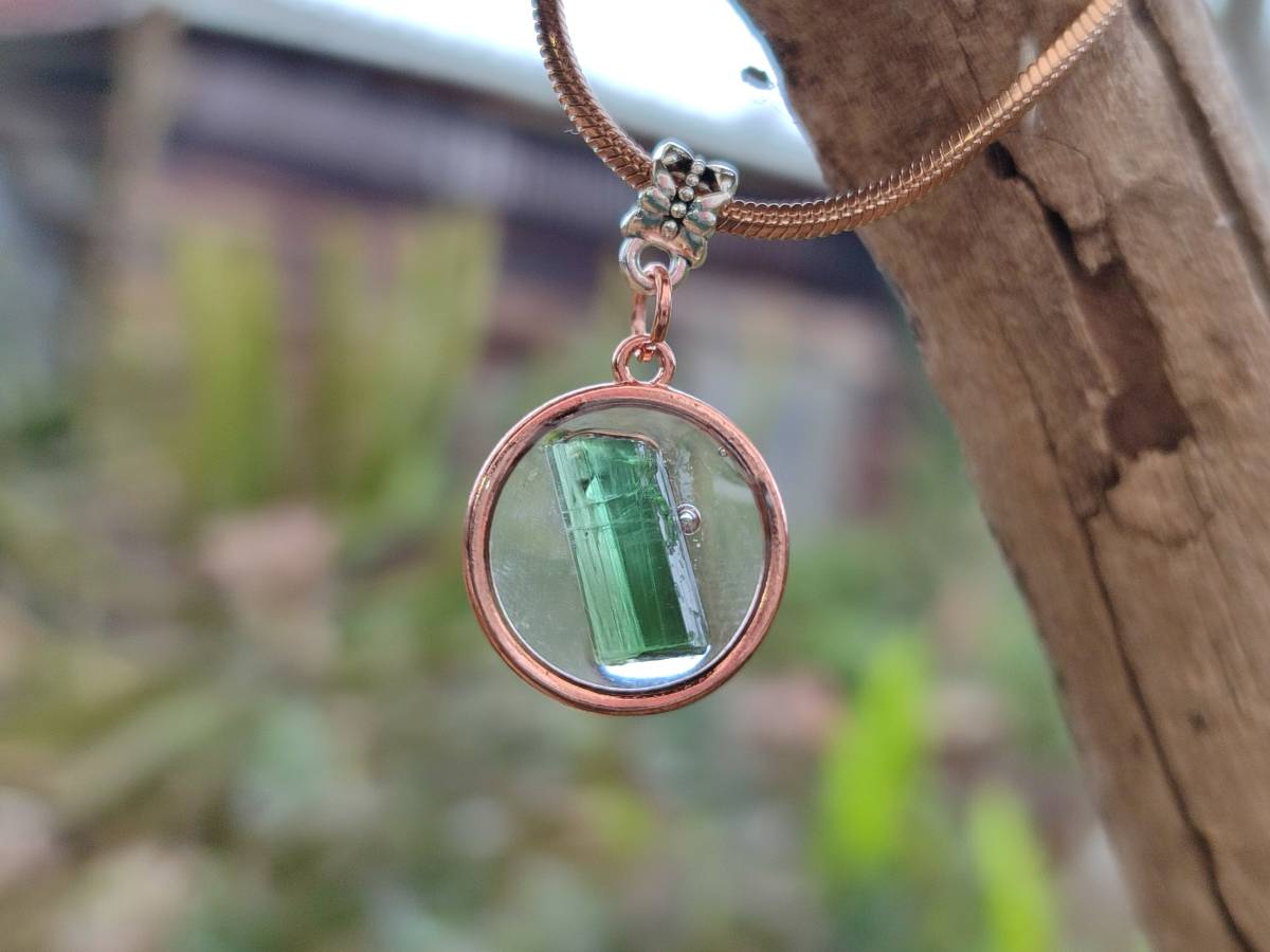 Hand Made Green Tourmaline MIni Gem Crystal  in Rose Gold Round Pendant - Sold Per Item - From Nigeria - Toprock Gemstones and Minerals 