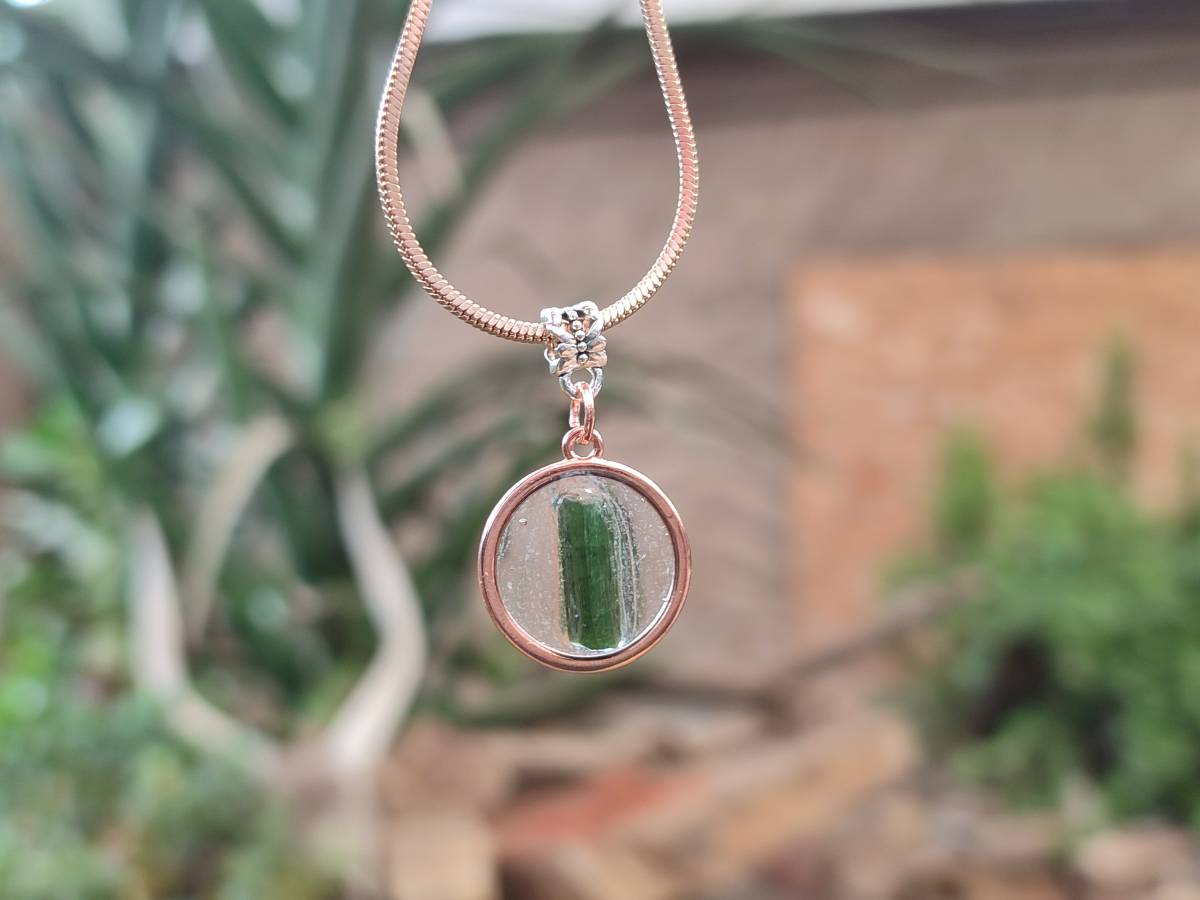 Hand Made Green Tourmaline MIni Gem Crystal  in Rose Gold Round Pendant - Sold Per Item - From Nigeria - Toprock Gemstones and Minerals 