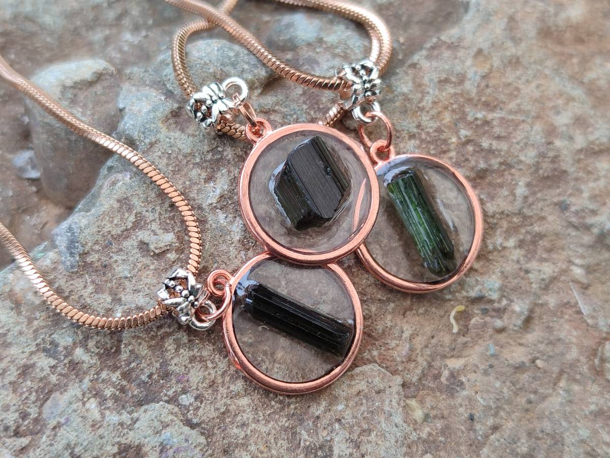 Hand Made Green Tourmaline MIni Gem Crystal  in Rose Gold Round Pendant - Sold Per Item - From Nigeria - Toprock Gemstones and Minerals 