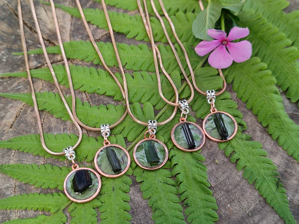 Hand Made Green Tourmaline MIni Gem Crystal  in Rose Gold Round Pendant - Sold Per Item - From Nigeria - Toprock Gemstones and Minerals 